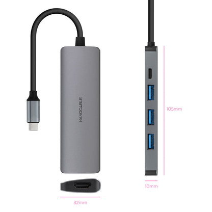 Hub USB-C NANOCABLE 3 Porte USB-A + HDMI + USB-C PD Grigio