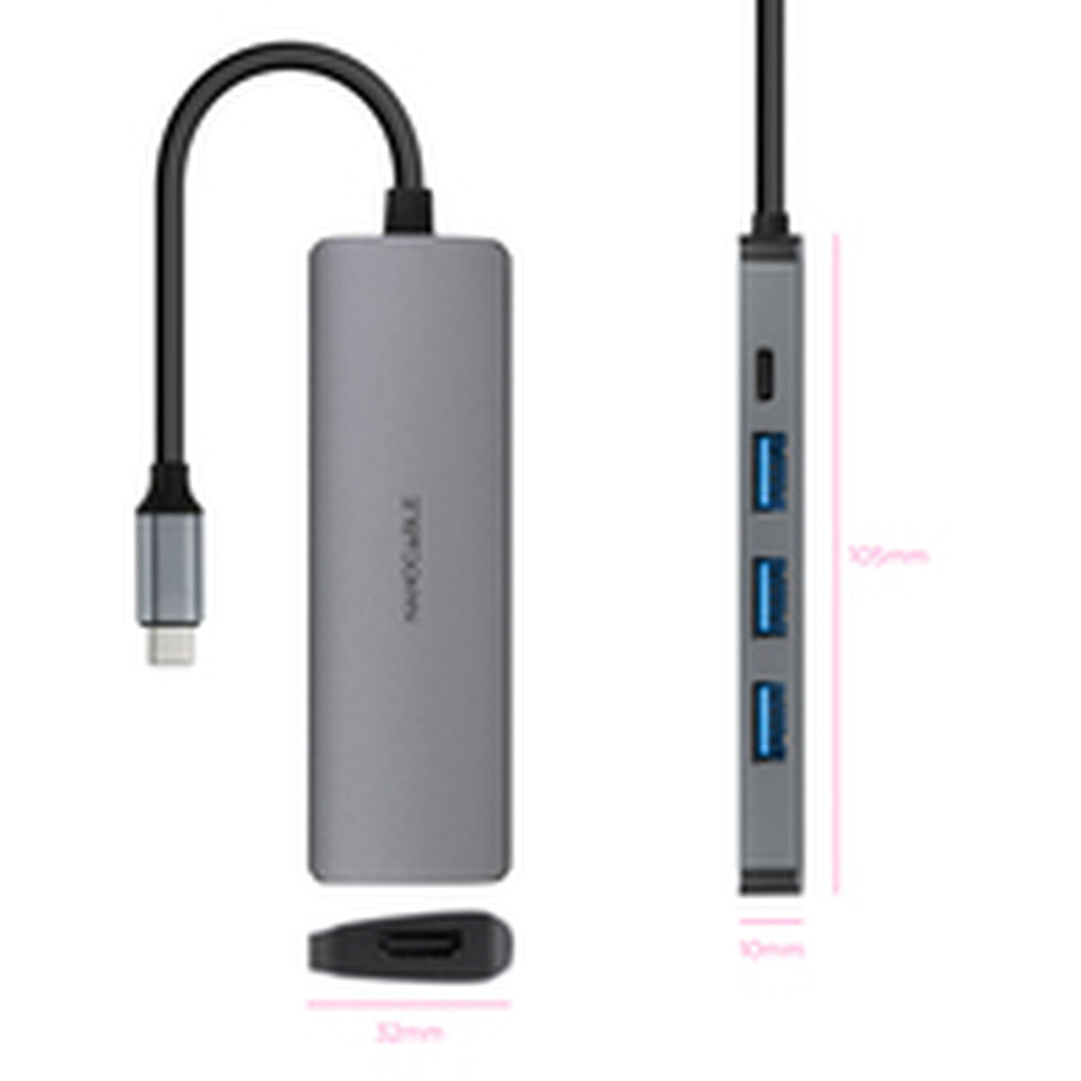 Hub USB-C NANOCABLE 3 Porte USB-A + HDMI + USB-C PD Grigio