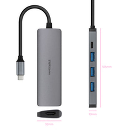 Hub USB-C NANOCABLE 3 Porte USB-A + HDMI + USB-C PD Grigio