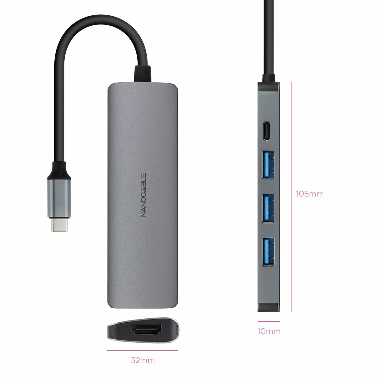 Hub USB-C NANOCABLE 3 Porte USB-A + HDMI + USB-C PD Grigio