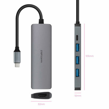 Hub USB-C NANOCABLE 3 Porte USB-A + HDMI + USB-C PD Grigio