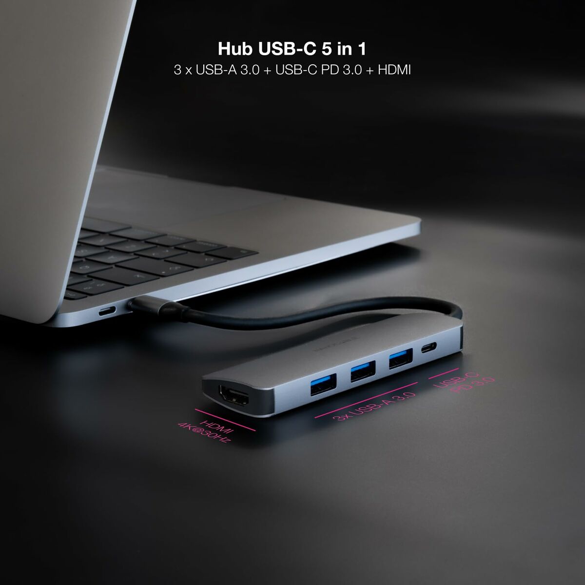 Hub USB-C NANOCABLE 3 Porte USB-A + HDMI + USB-C PD Grigio