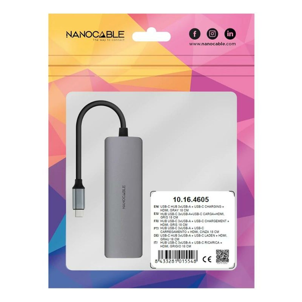 Hub USB-C NANOCABLE 3 Porte USB-A + HDMI + USB-C PD Grigio